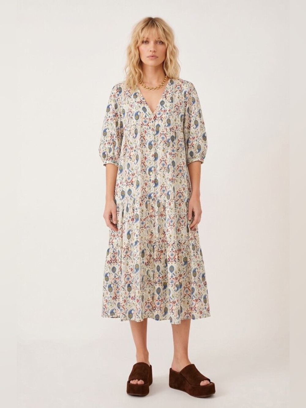 Zara Tiered Boho Cream Paisley Midi Dress Small Cotton Button Front Lightweight